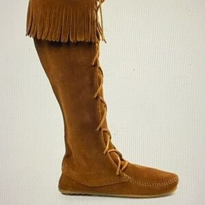 NEW MINNETONKA Front Lace Knee High Soft Suede Leather Brown Moccasin Boot sz 6